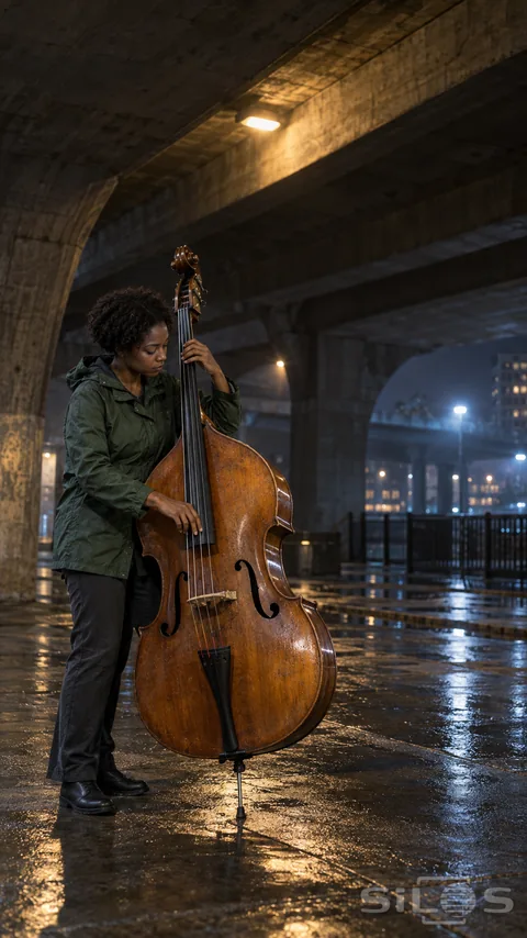 A woman with short curls in a dark green rain jacket stands beside an amber wooden upright bass beneath concrete arches, her hands at the strings and both shoes grounded on reflective wet paving.