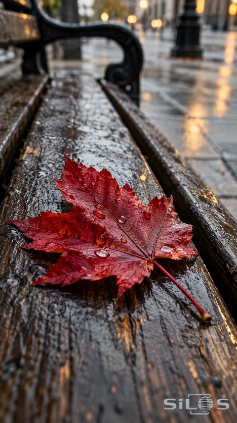 A single crimson maple leaf rests on a rain-dark wooden city bench