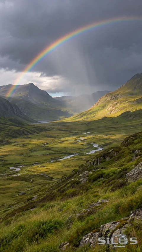 A clear rainbow crosses a green valley beneath retreating rain clouds