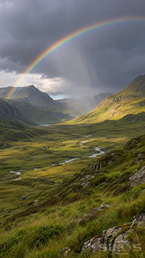 A clear rainbow crosses a green valley beneath retreating rain clouds
