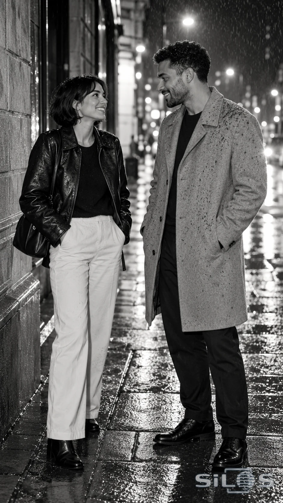 Two adults pause in conversation on a rain-dark city sidewalk, photographed in monochrome