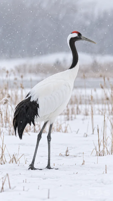 A red-crowned crane stands in pale falling snow with black flight feathers folded neatly