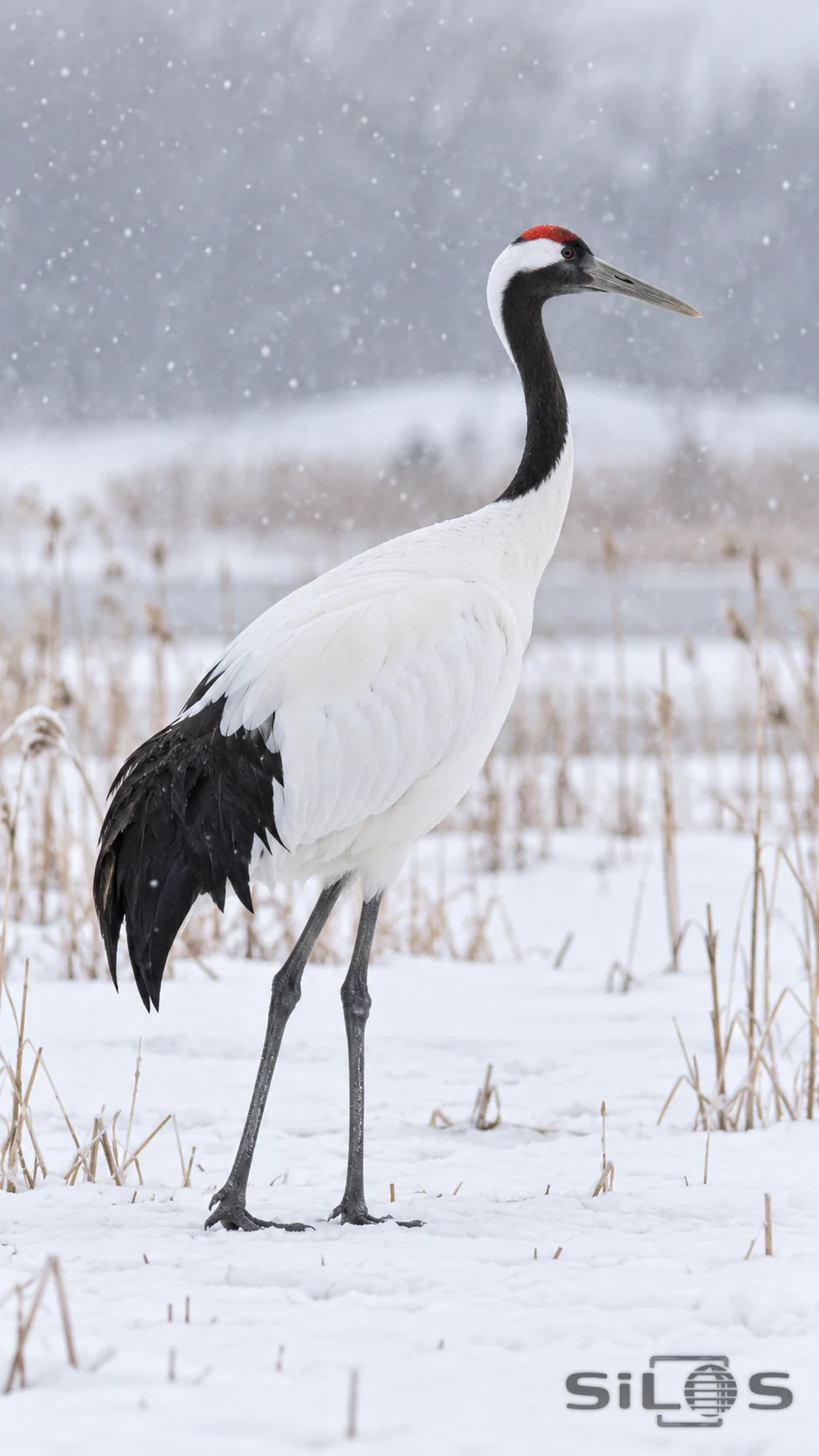 A red-crowned crane stands in pale falling snow with black flight feathers folded neatly