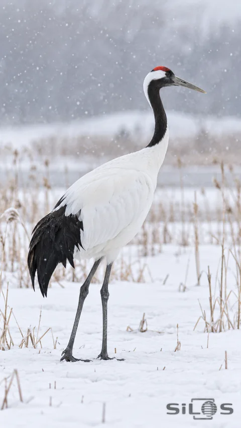 A red-crowned crane stands in pale falling snow with black flight feathers folded neatly