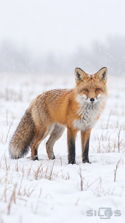 A red fox pauses among snow-dusted grasses as fine flakes drift through a pale winter field
