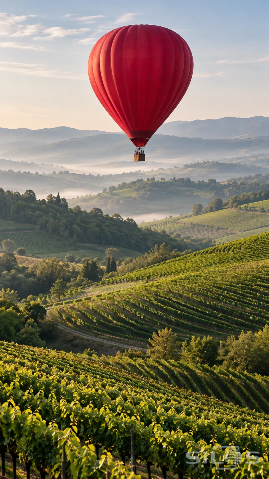 A red balloon floats above curved green vineyard rows in pale morning mist