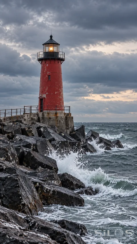 A red lighthouse stands above a dark stone breakwater beneath heavy coastal cloud