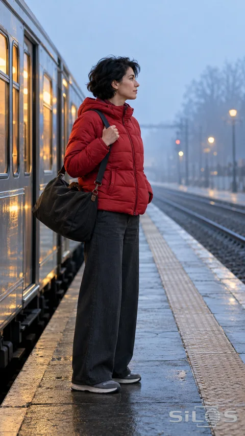 A traveler in a red puffer waits beside a softly lit train in morning mist