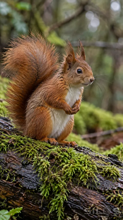 A red squirrel pauses on a mossy log beneath soft woodland light