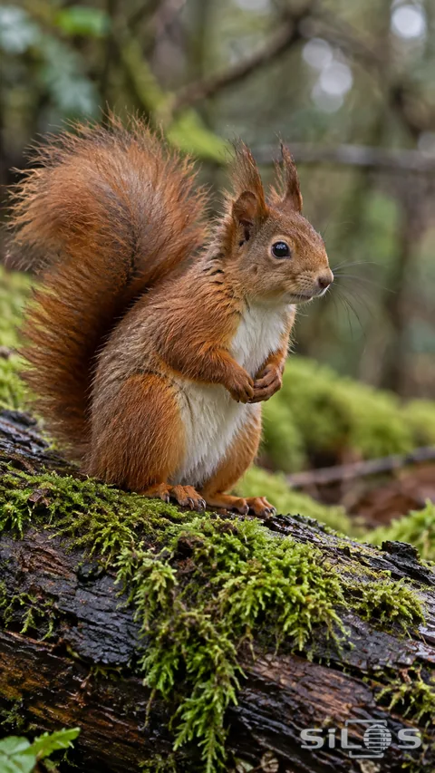 A red squirrel pauses on a mossy log beneath soft woodland light
