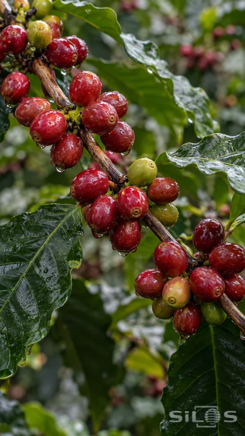 Clusters of red coffee cherries shine among rain-wet dark green leaves