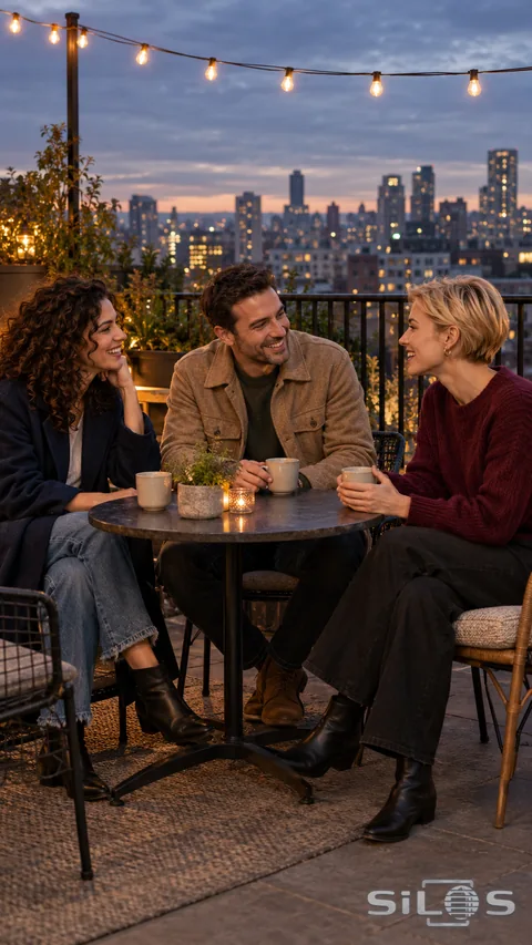 Three friends gather under warm rooftop lights against a cool city skyline