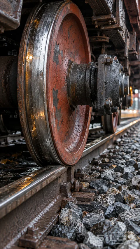 A heavy freight-train wheel shows worn red paint and polished steel beside wet rails