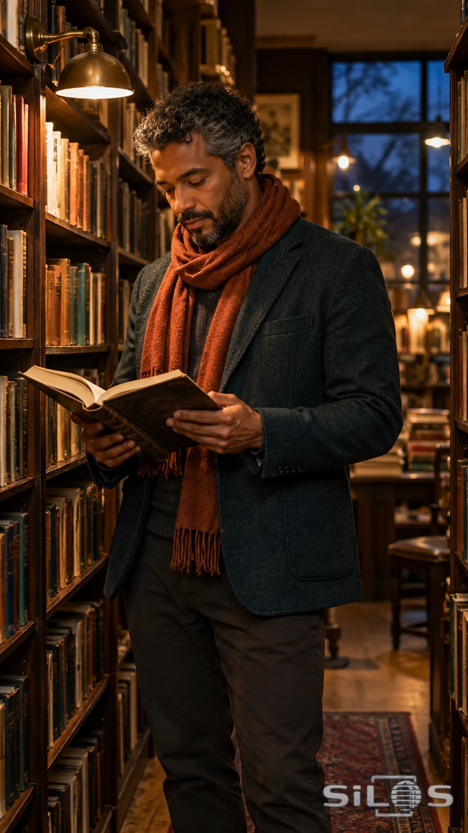 A reader in a rust scarf pauses between dark wooden bookshop shelves