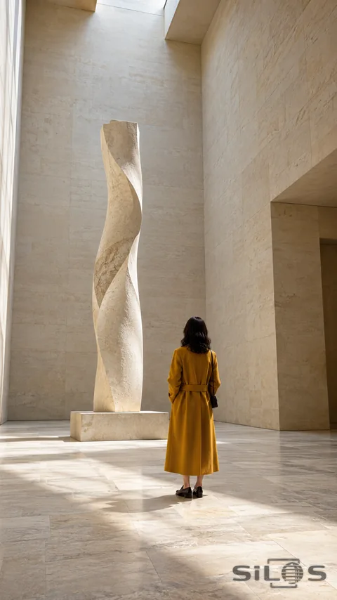 A visitor in a saffron coat stands beneath the soft light of a museum skylight