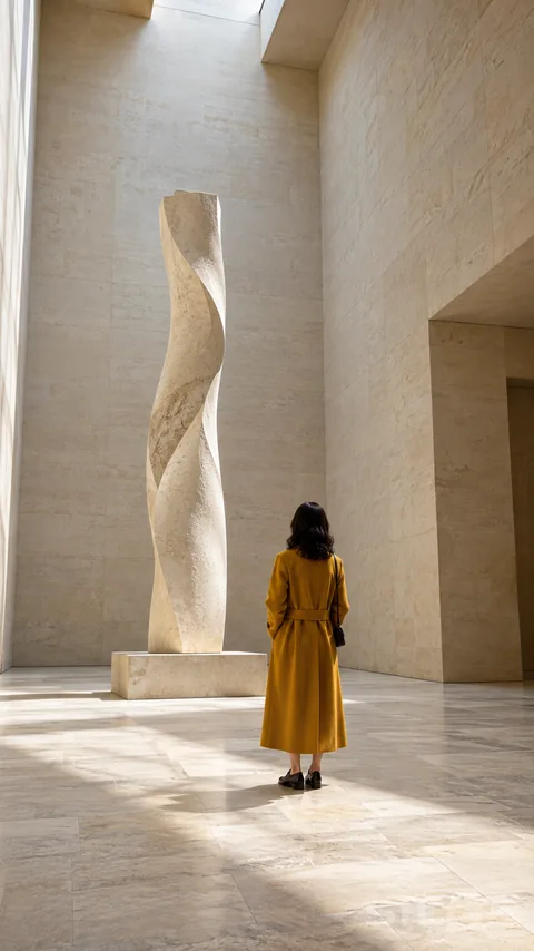 A visitor in a saffron coat stands beneath the soft light of a museum skylight