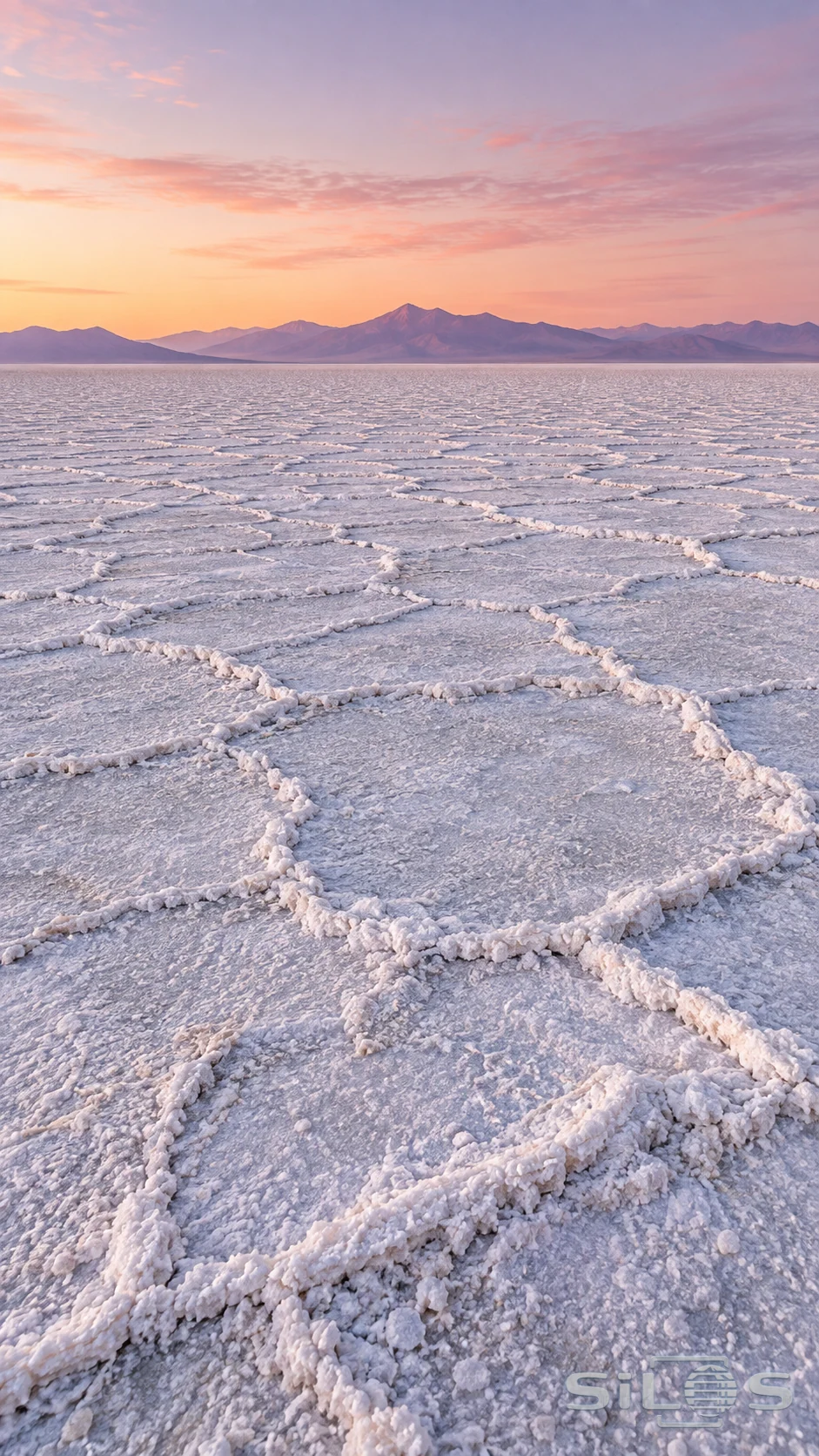 Fine white salt ridges draw geometric patterns across a dry flat at dawn