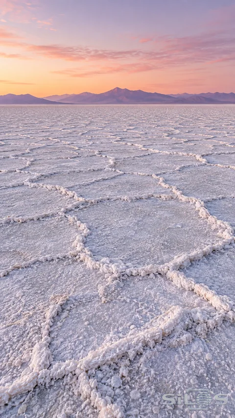 Fine white salt ridges draw geometric patterns across a dry flat at dawn