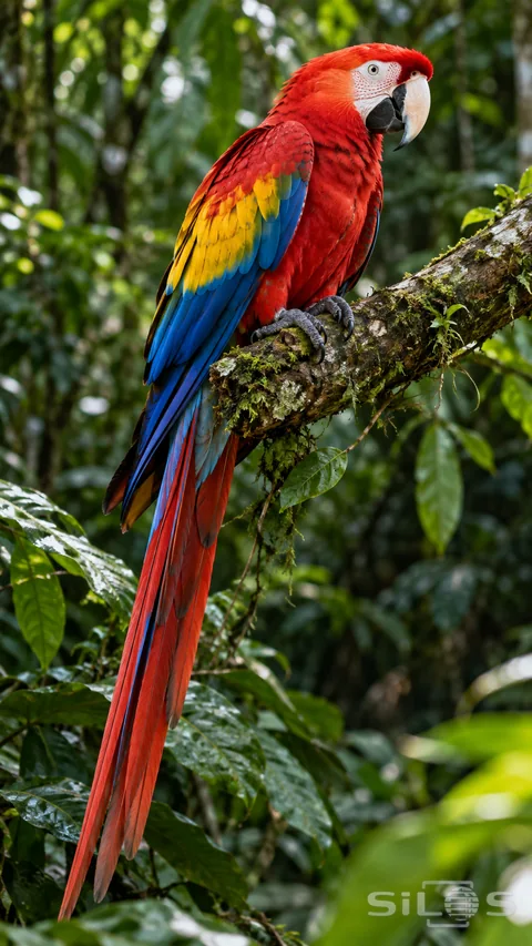 A scarlet macaw rests on a weathered branch against deep green rainforest foliage