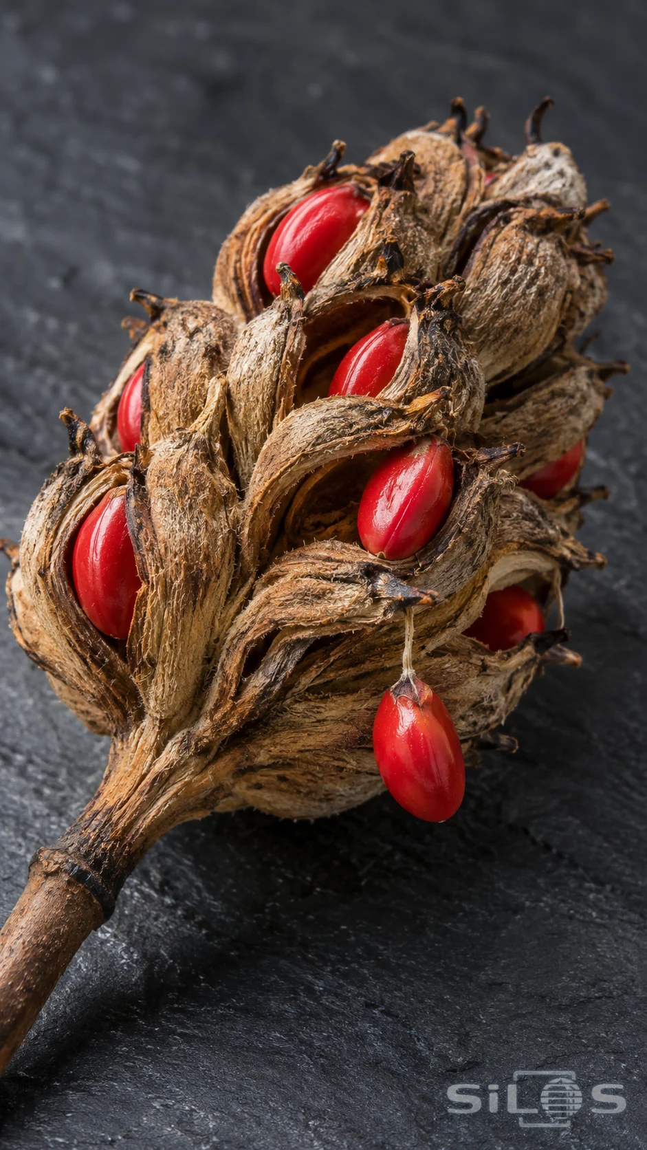 Bright scarlet seeds emerge from a textured brown magnolia seedpod
