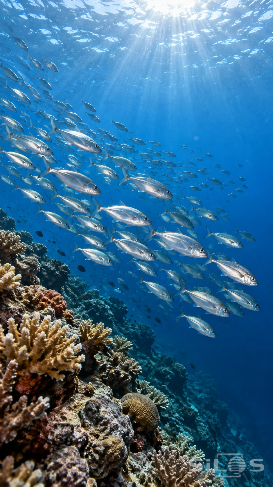 A school of silver fish curves through blue water above a sunlit reef
