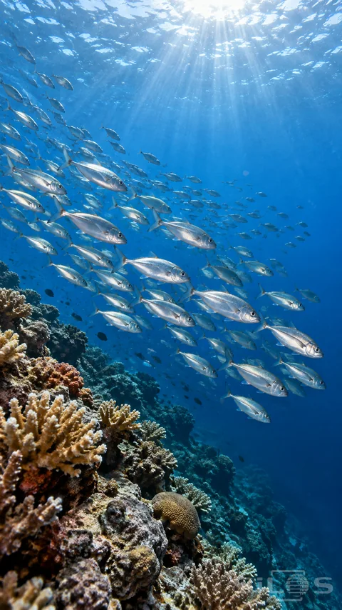 A school of silver fish curves through blue water above a sunlit reef
