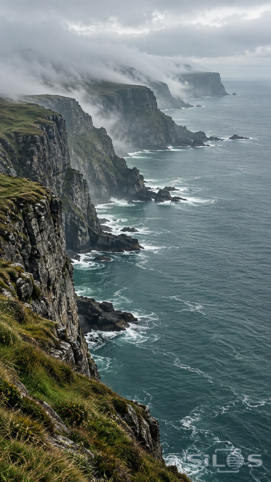 Low sea fog drifts across dark cliffs above a muted green ocean