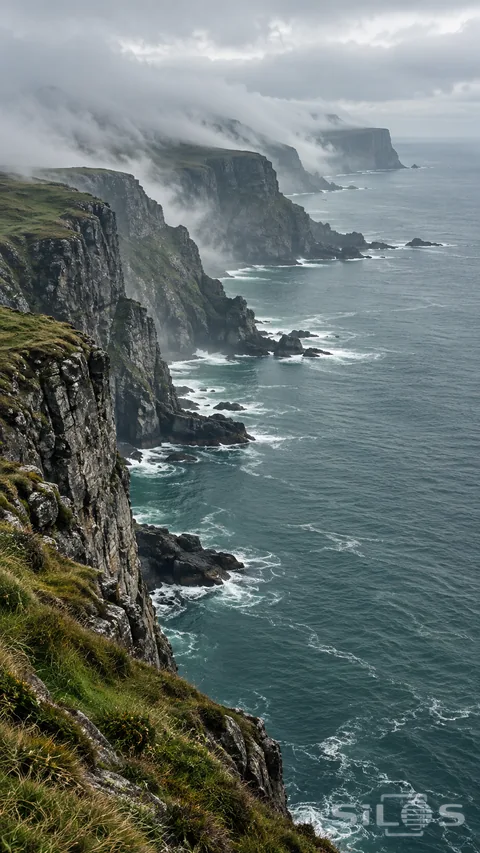 Low sea fog drifts across dark cliffs above a muted green ocean