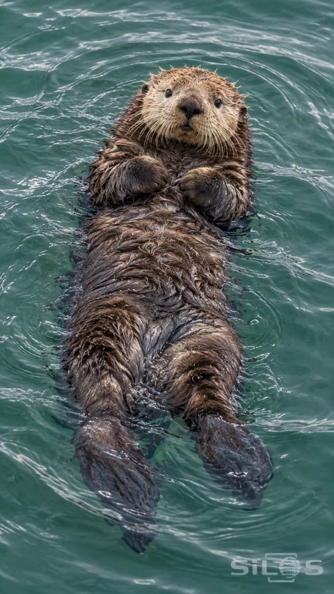A sea otter floats on its back in clear green water patterned with small ripples
