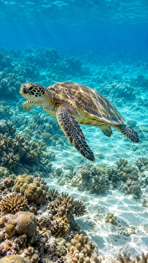 A sea turtle glides above a shallow reef patterned with clear turquoise light