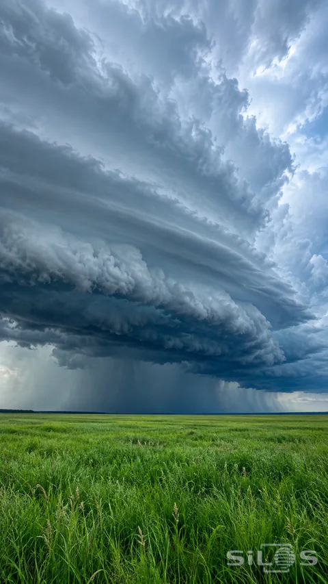 A layered storm front rolls above open green fields in cool afternoon light