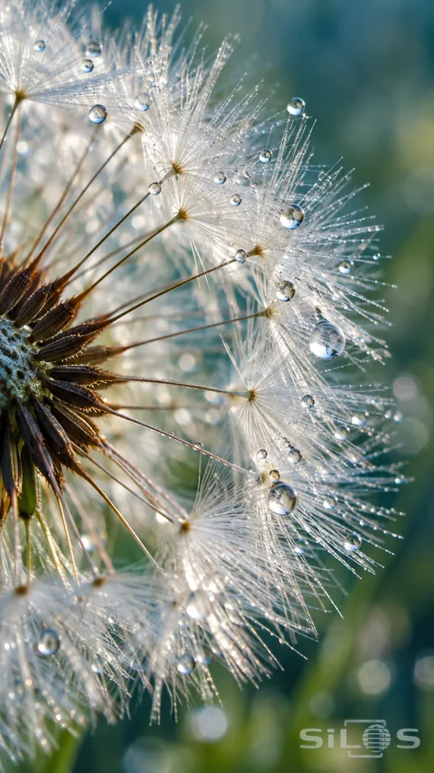 Tiny dew droplets cling to the fine spokes of a dandelion seed head