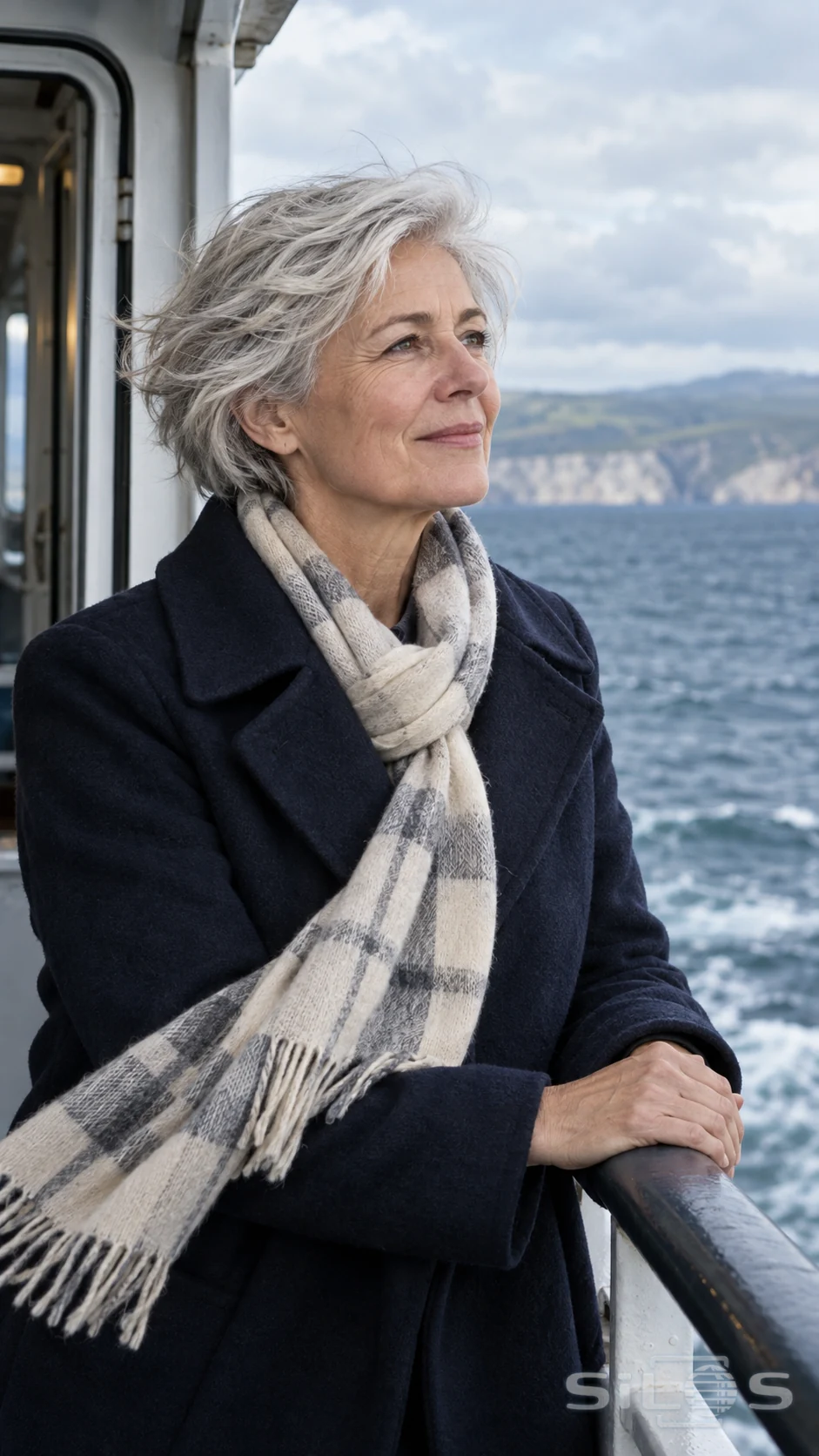 A silver-haired traveler in a wool scarf watches the sea from a ferry deck