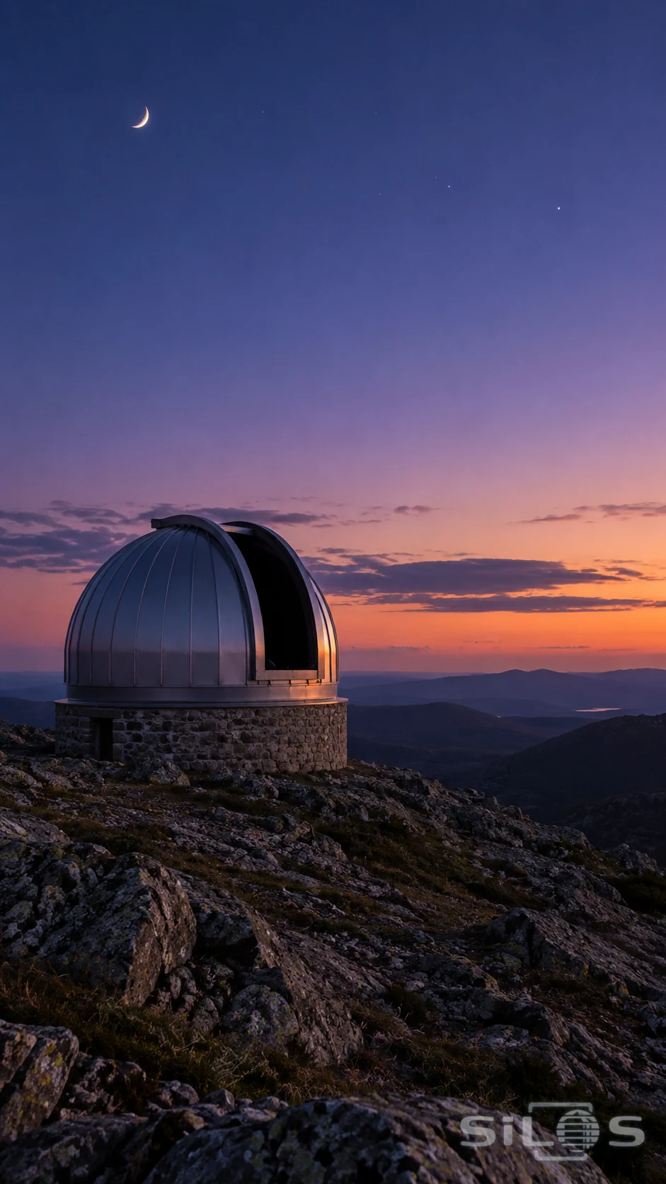 A silver observatory dome stands above dark hills beneath a violet evening sky