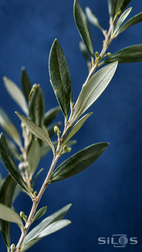 A slender olive branch reveals matte green leaves and silvery undersides against cobalt shadow