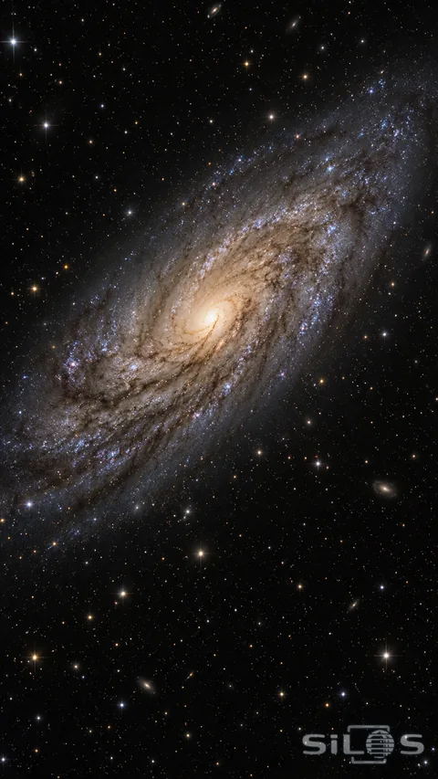 Soft blue spiral arms and dark dust lanes surround a warm galactic core