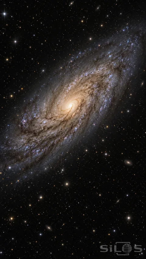 Soft blue spiral arms and dark dust lanes surround a warm galactic core
