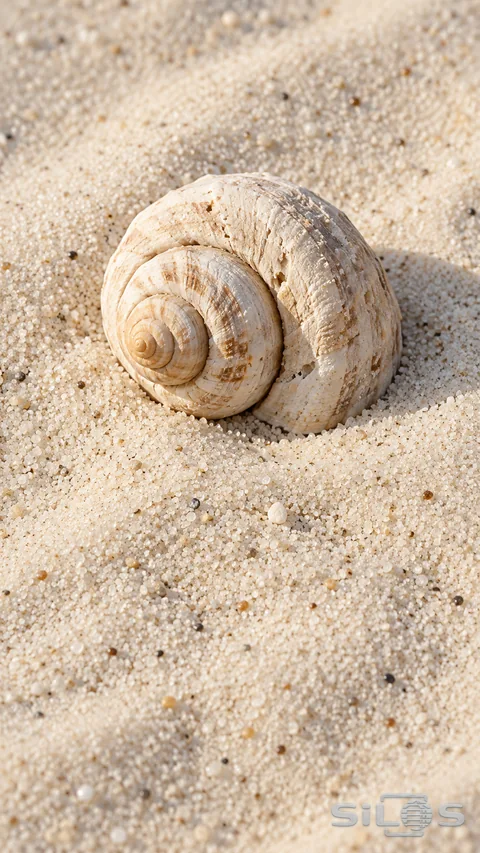 A striped spiral shell rests on fine pale sand in soft raking light