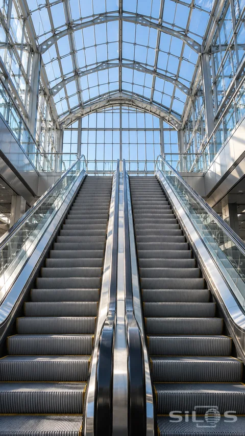 Twin escalators rise beneath a vaulted glass roof in a quiet railway station
