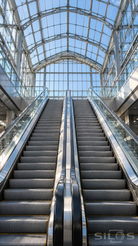 Twin escalators rise beneath a vaulted glass roof in a quiet railway station