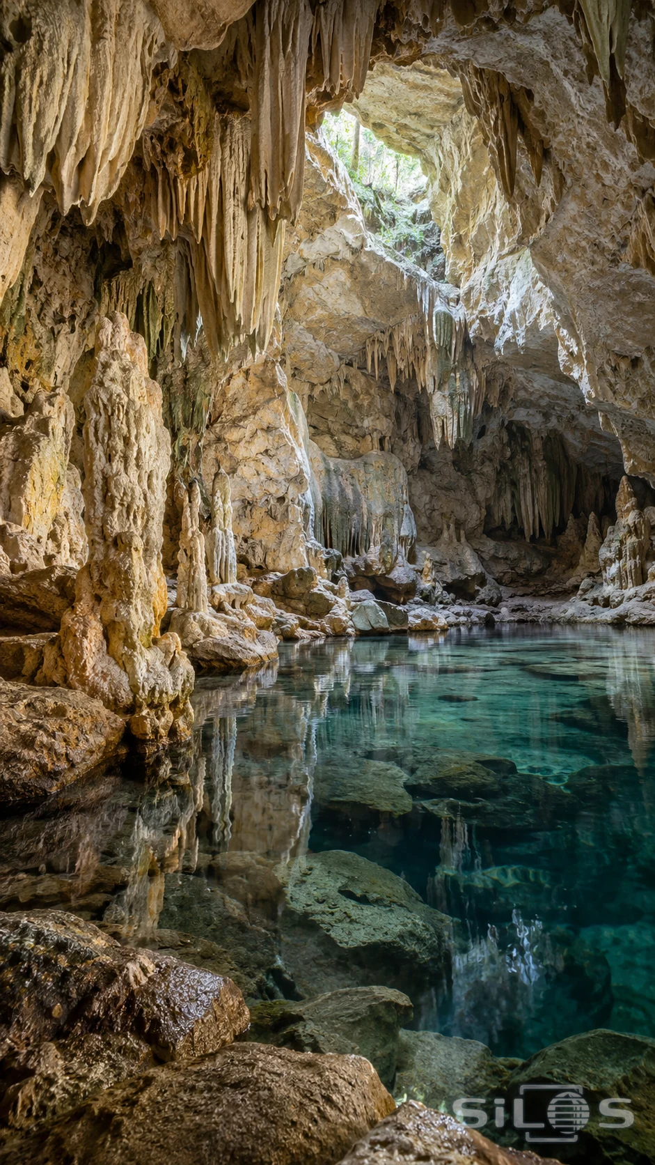 A still cave pool reflects pale limestone columns beneath a small daylight opening
