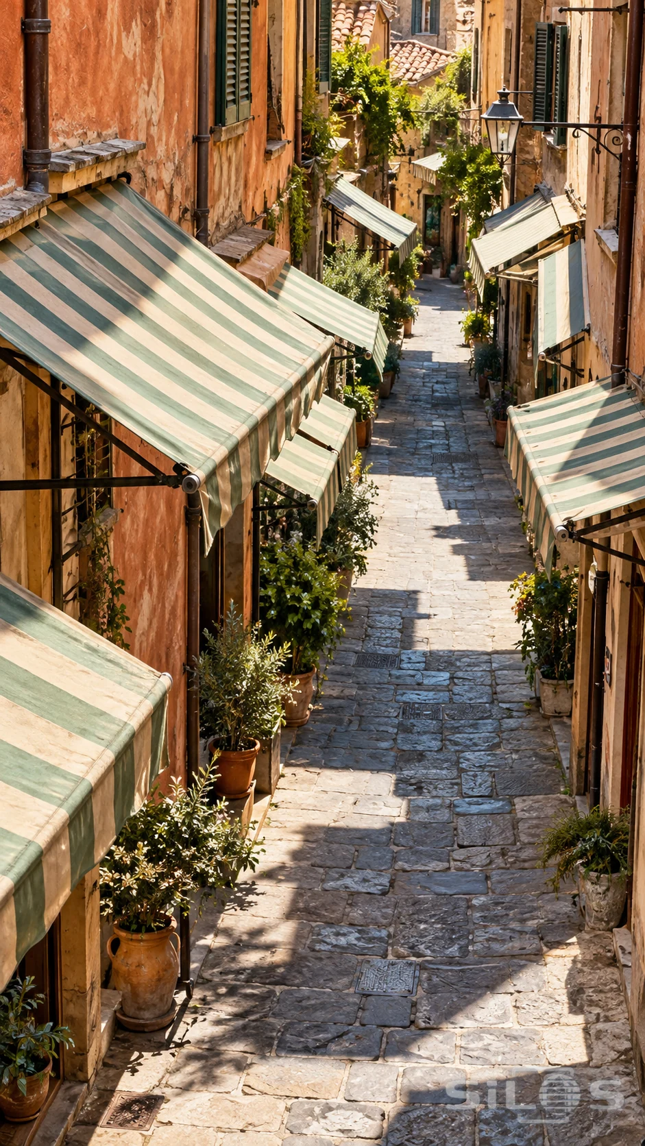 Green and cream awnings extend over a sunlit stone lane between weathered terracotta walls