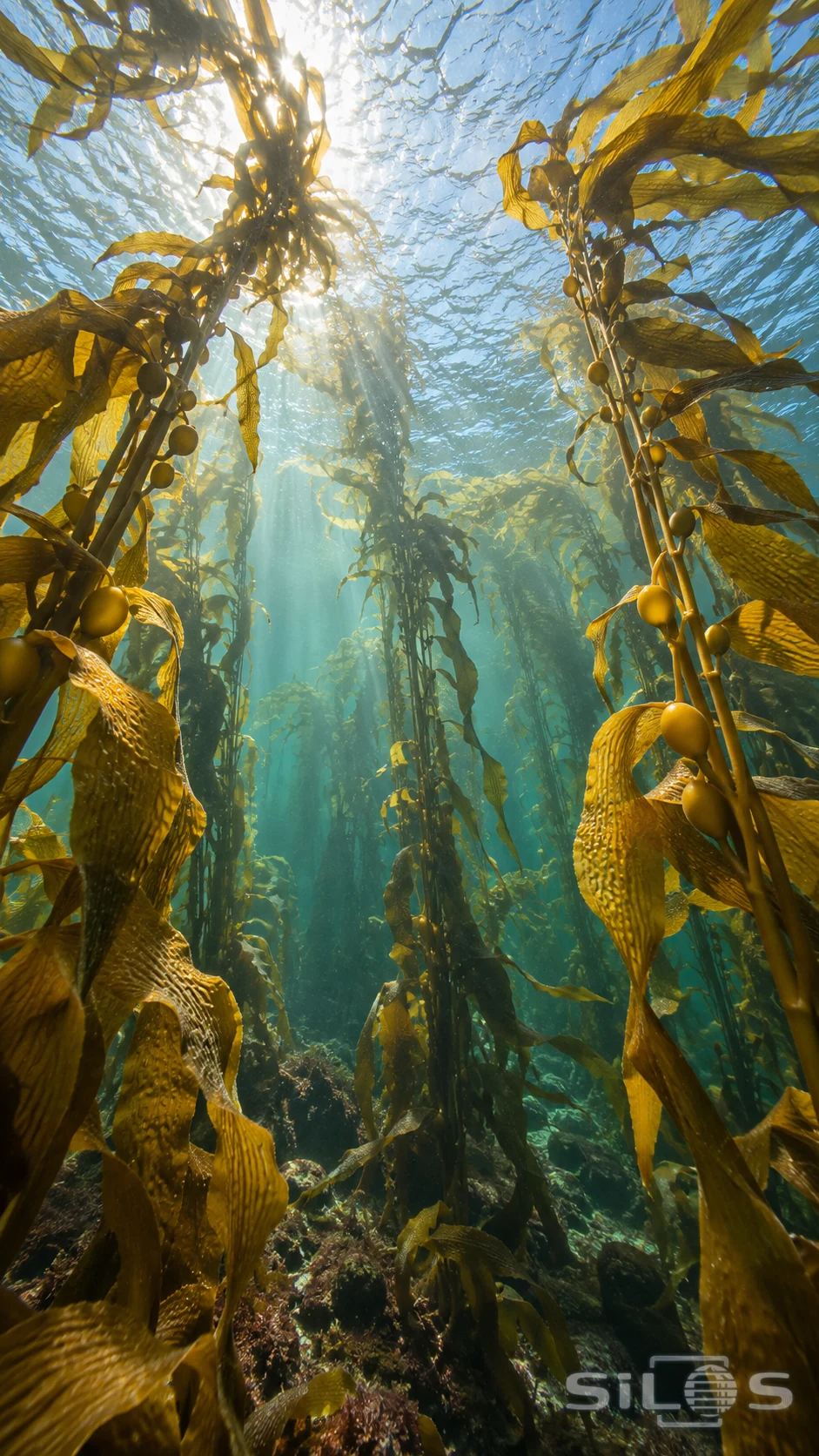 Bronze kelp fronds rise through clear green water beneath a rippled sunlit surface