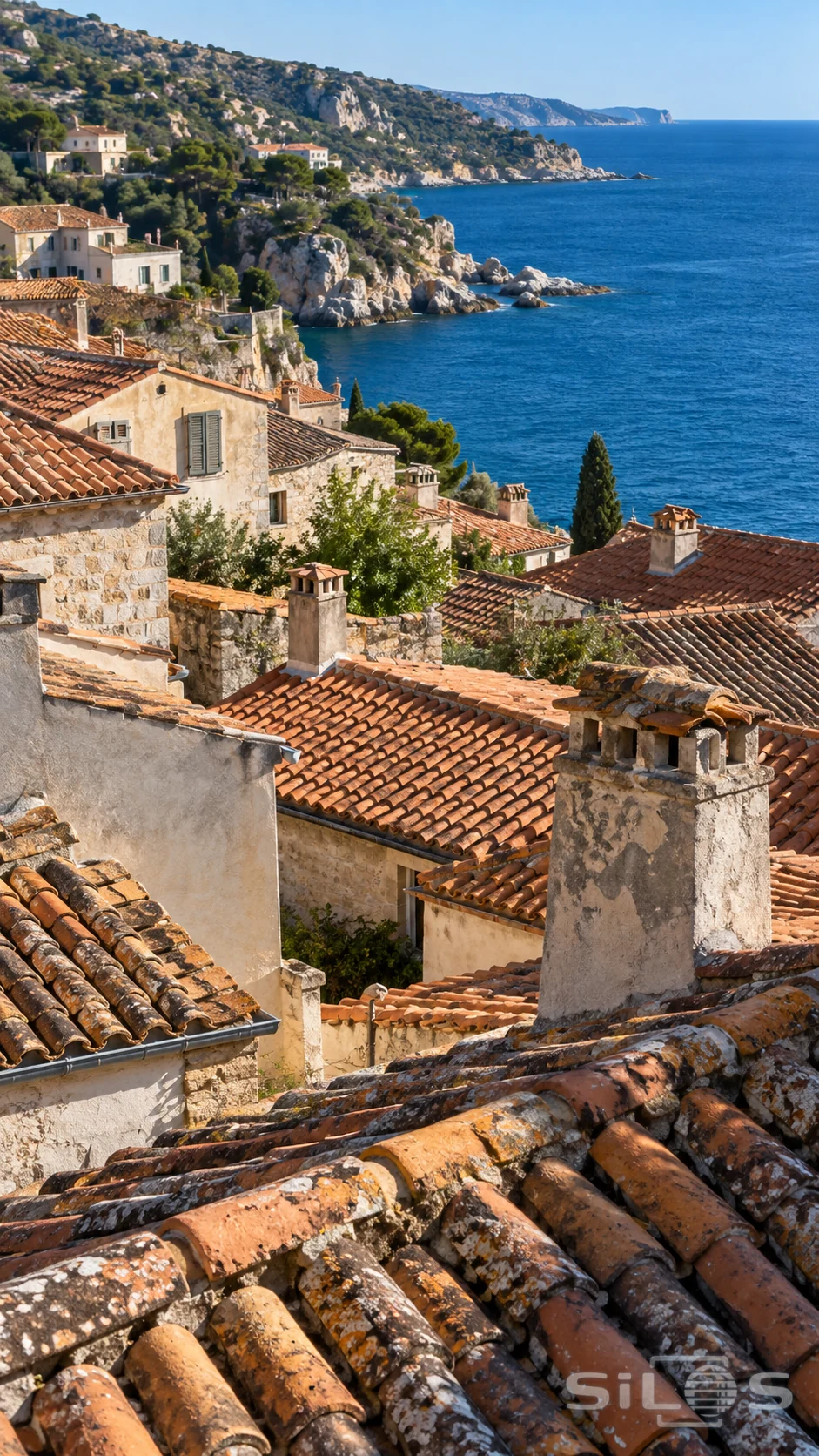 Layered terracotta roofs descend toward a bright blue bay in clear afternoon light