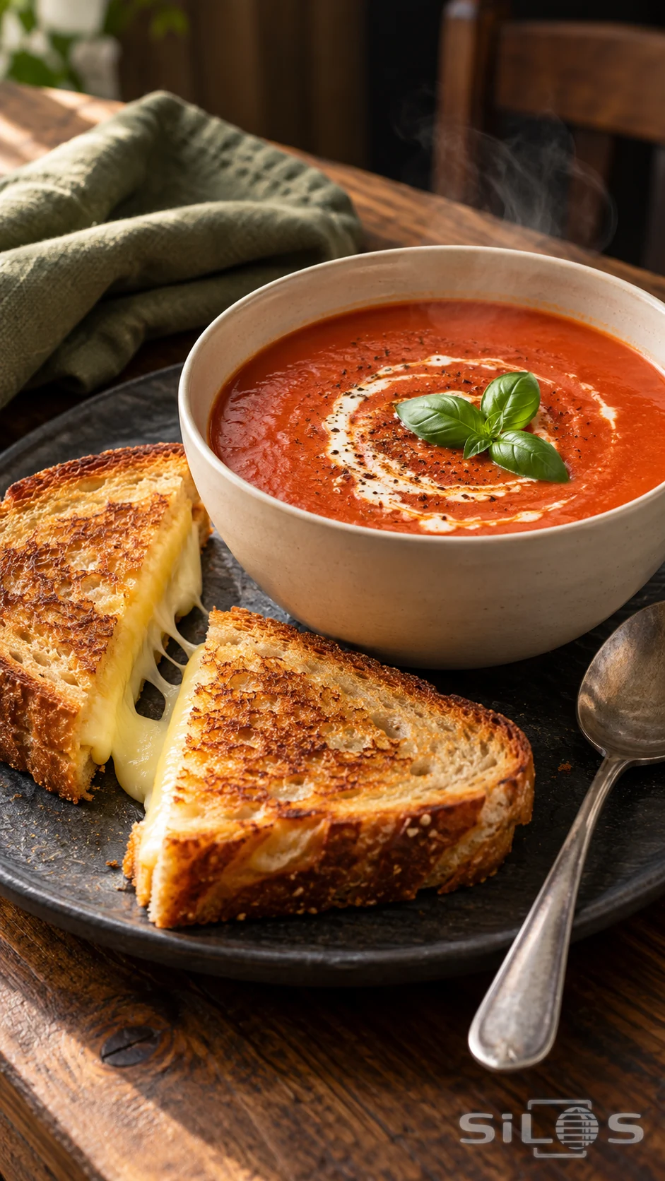 A bowl of tomato soup and crisp grilled-cheese triangles sit in warm café light