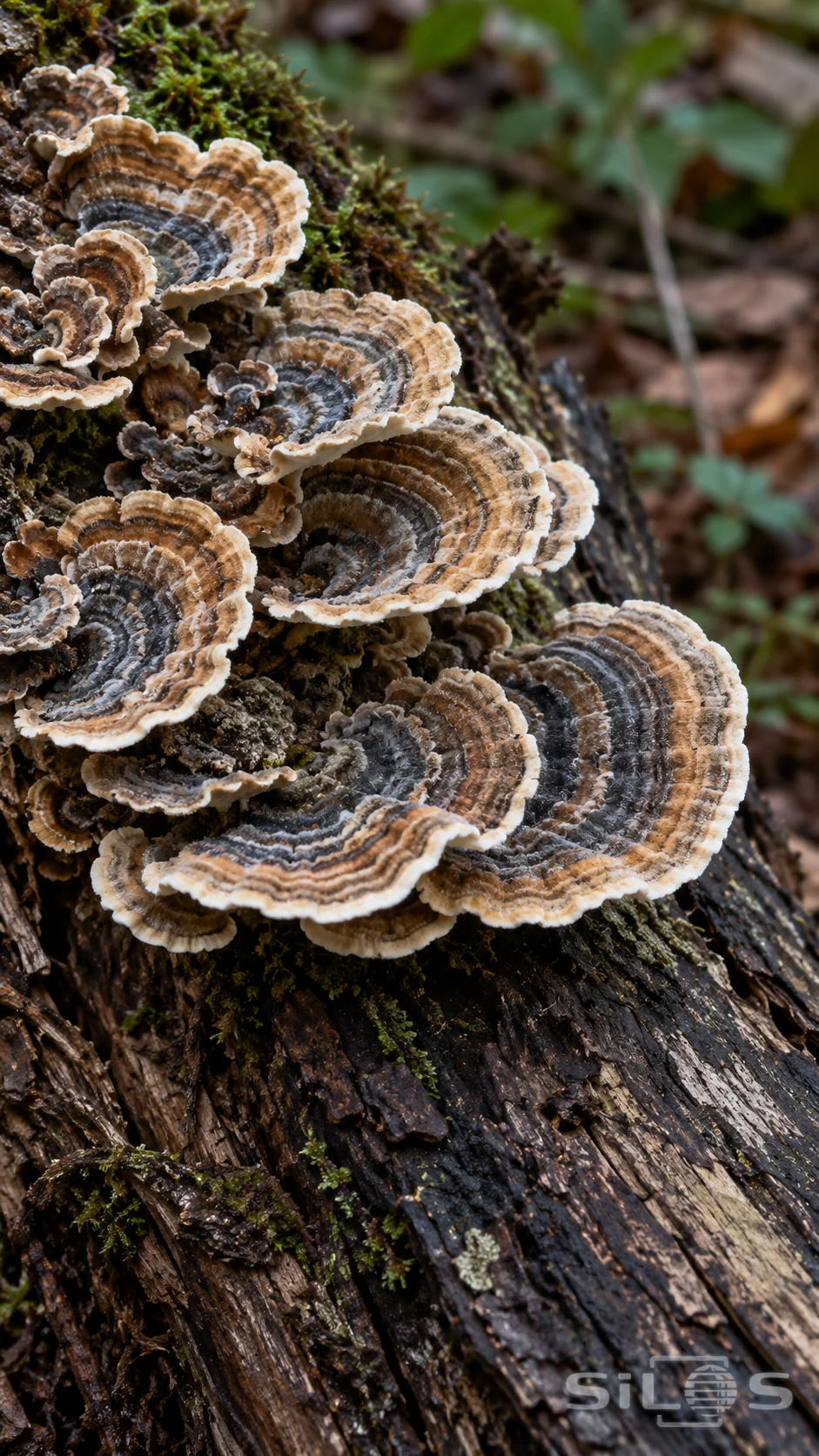 Layered bracket fungi spread across weathered wood in muted blue, brown and cream bands