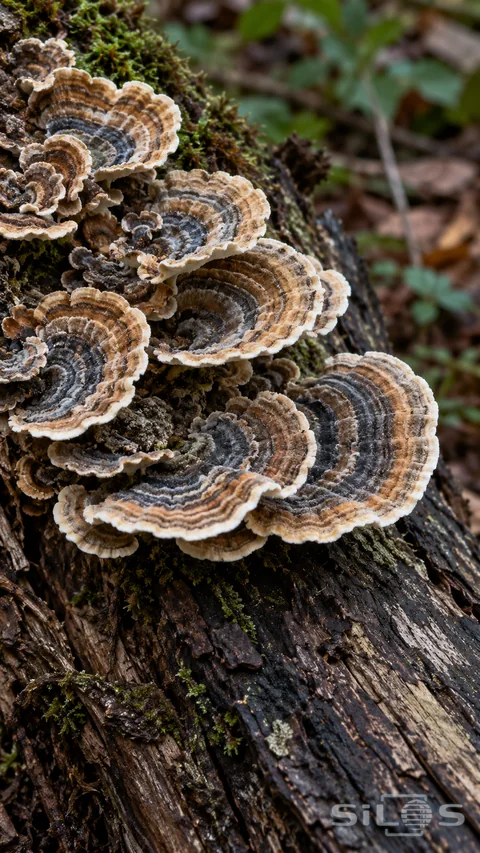 Layered bracket fungi spread across weathered wood in muted blue, brown and cream bands