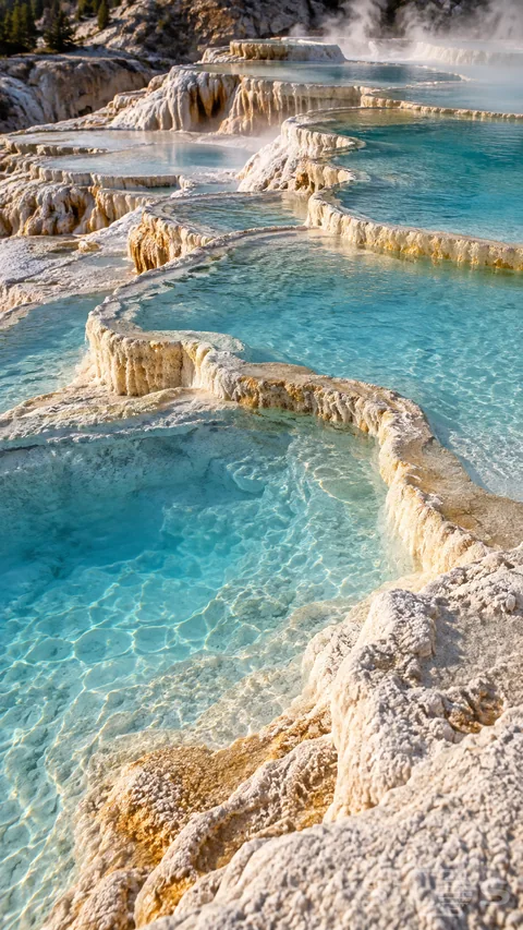 Shallow turquoise pools gather behind pale mineral rims on a terraced slope
