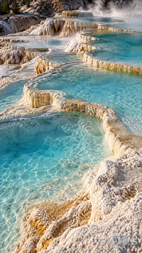 Shallow turquoise pools gather behind pale mineral rims on a terraced slope