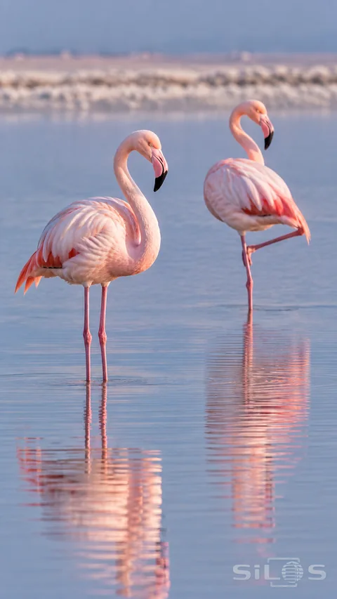Two pink flamingos stand in shallow water with soft reflections beneath them